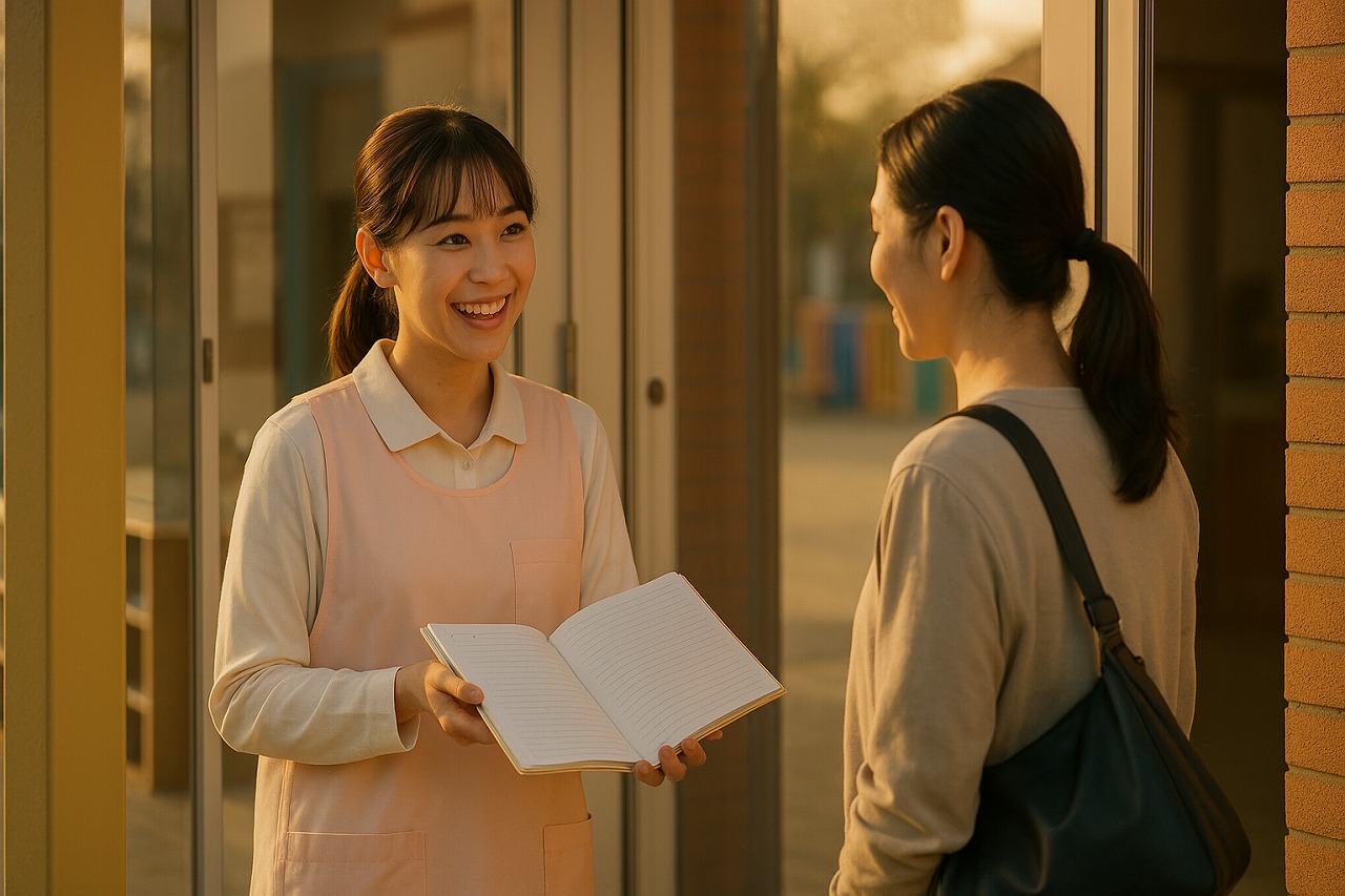 保育士が笑顔で保護者に子どもの一日を伝える様子。温かな信頼のやりとり。