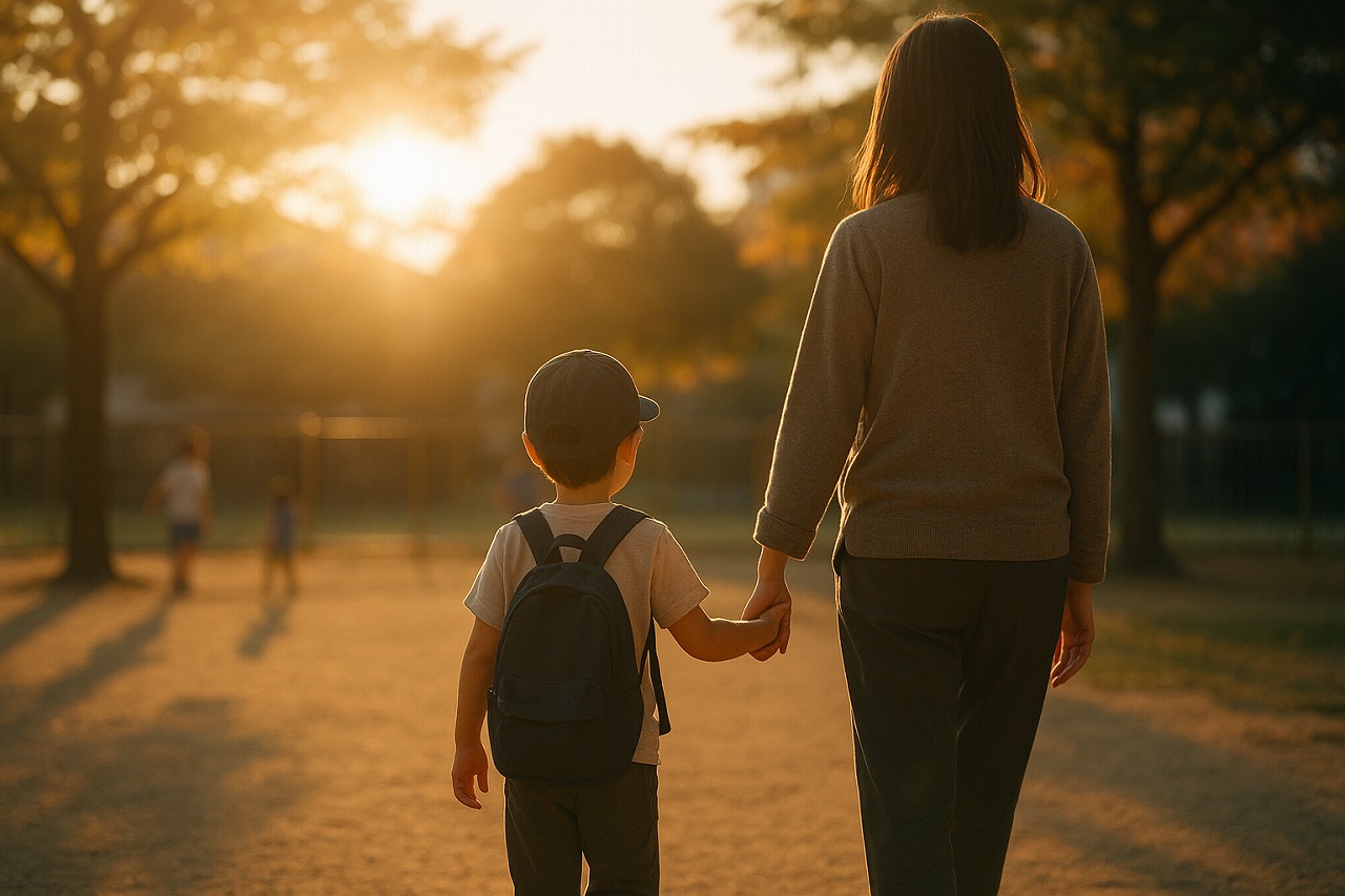 夕焼けの光に包まれながら、手をつないで帰る親子の後ろ姿。穏やかな一日の終わり。