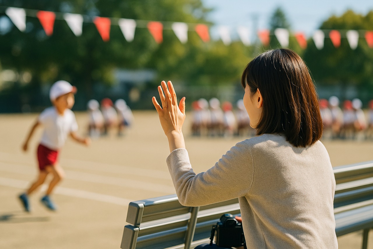 運動会で子どもに微笑みながら手を振る母親。穏やかな光の中、応援席から見守る姿。