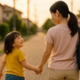 夕方の帰り道、親子が手をつないで歩く後ろ姿。やさしい光に包まれた、安心感のある日常の一コマ。