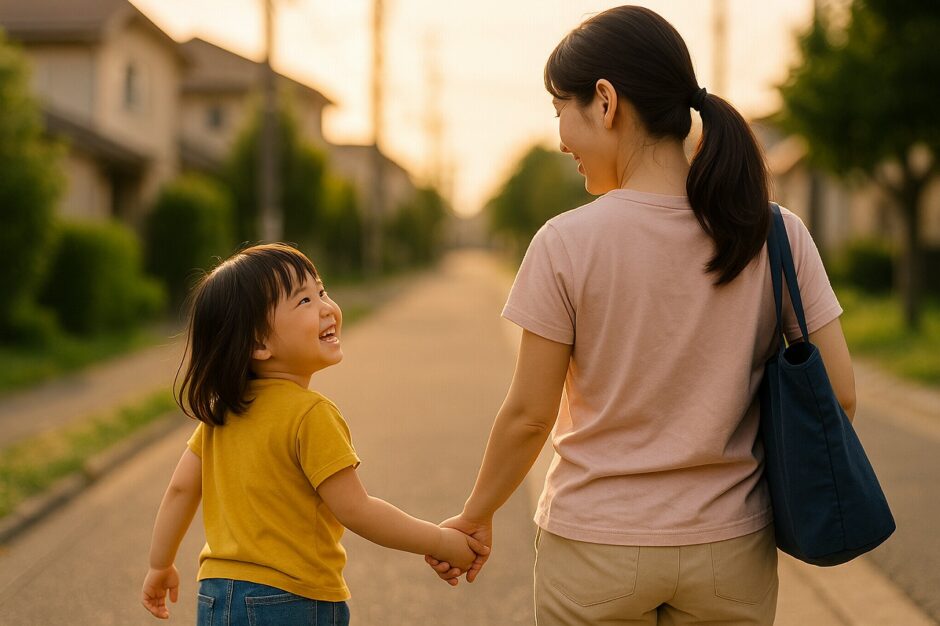 夕方の帰り道、親子が手をつないで歩く後ろ姿。やさしい光に包まれた、安心感のある日常の一コマ。
