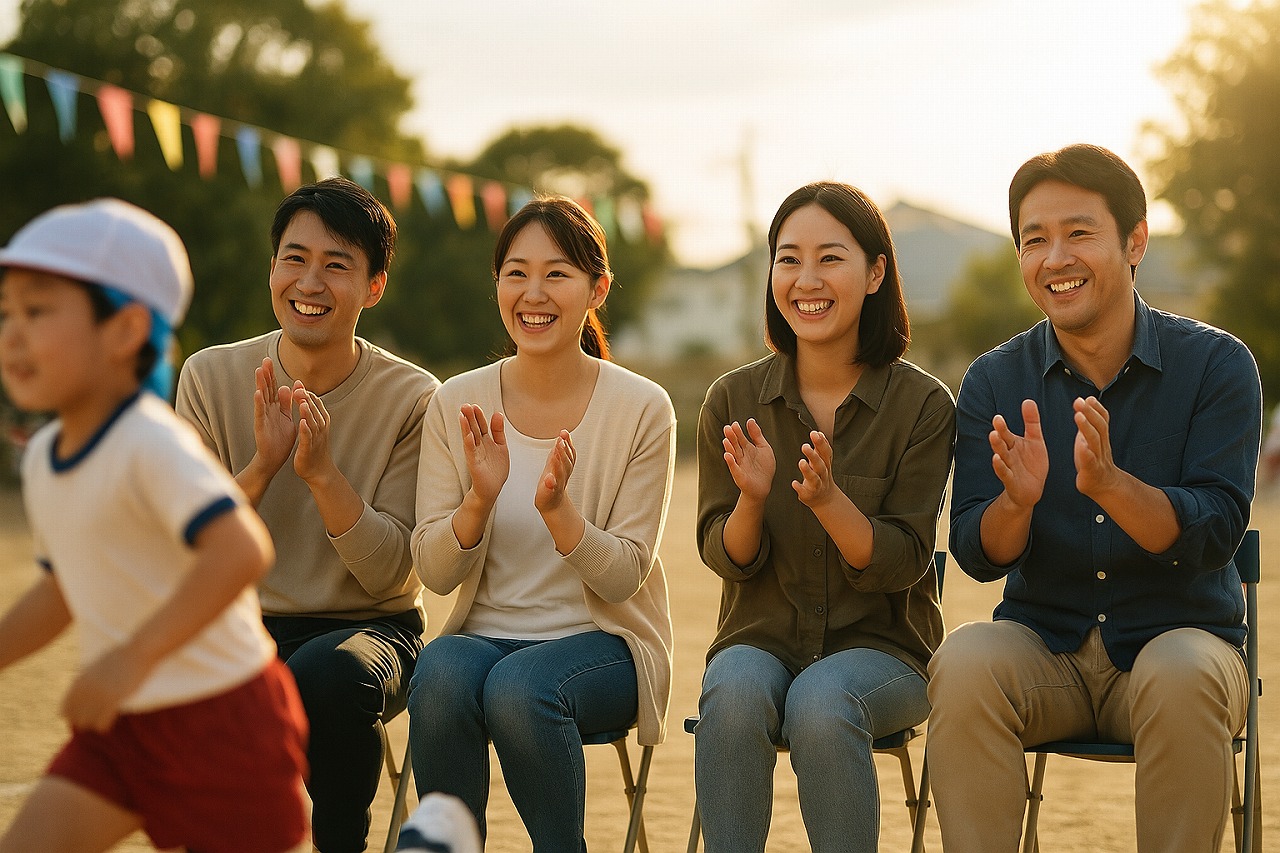 観覧席で笑顔で応援する保護者たち。温かなまなざしが園児たちに向けられている運動会のひとこま。