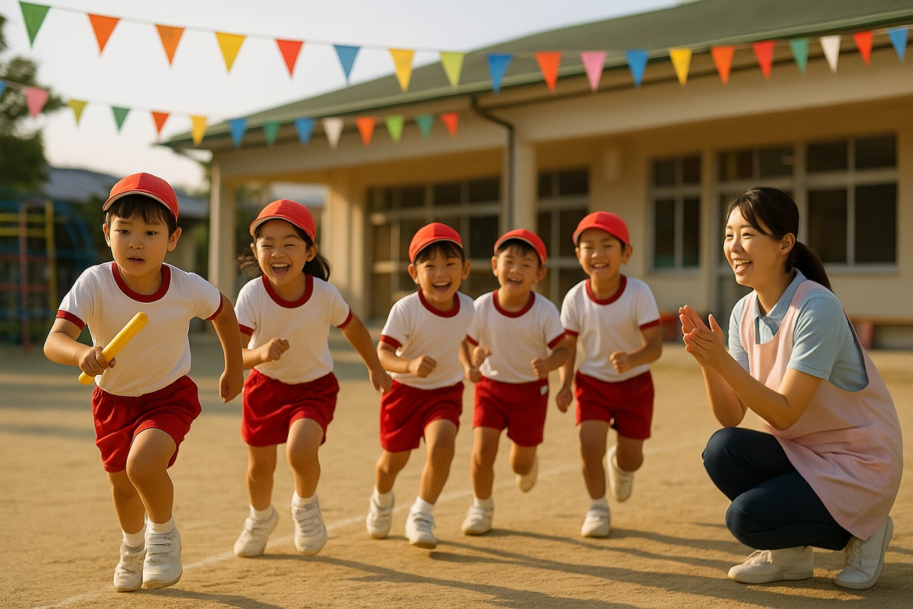 保育園の園庭でリレー練習に励む子どもたちと、笑顔で見守る保育士。秋の光が差し込む穏やかな風景。