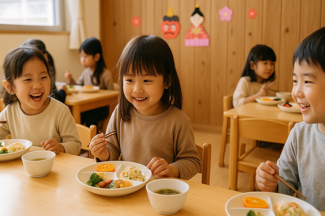季節の行事食を楽しむ子どもたち。小さな飾りや彩り豊かな料理が並ぶ保育室の食卓。