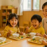 保育園で子どもたちが給食を楽しむ様子。保育士と一緒に笑顔で食事をする姿が温かい雰囲気で表現されている。