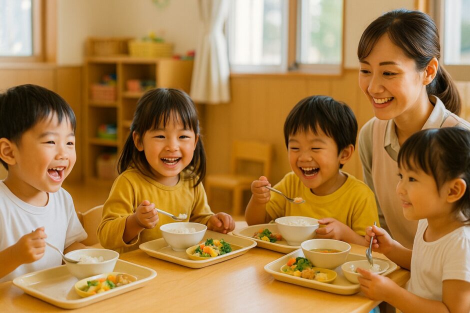 保育園で子どもたちが給食を楽しむ様子。保育士と一緒に笑顔で食事をする姿が温かい雰囲気で表現されている。