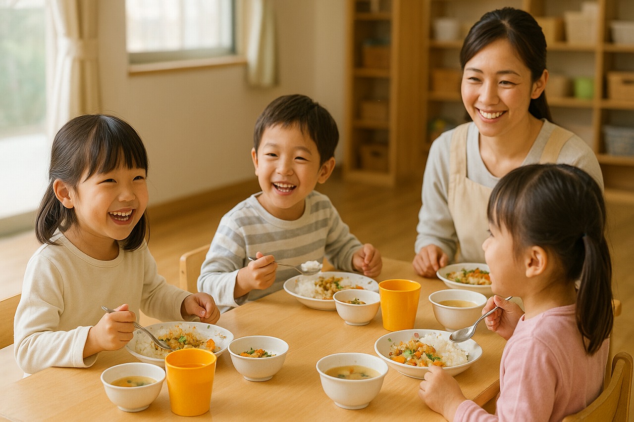 給食を楽しみながら笑顔で会話を交わす園児たちの様子。温かな昼の光に包まれている。