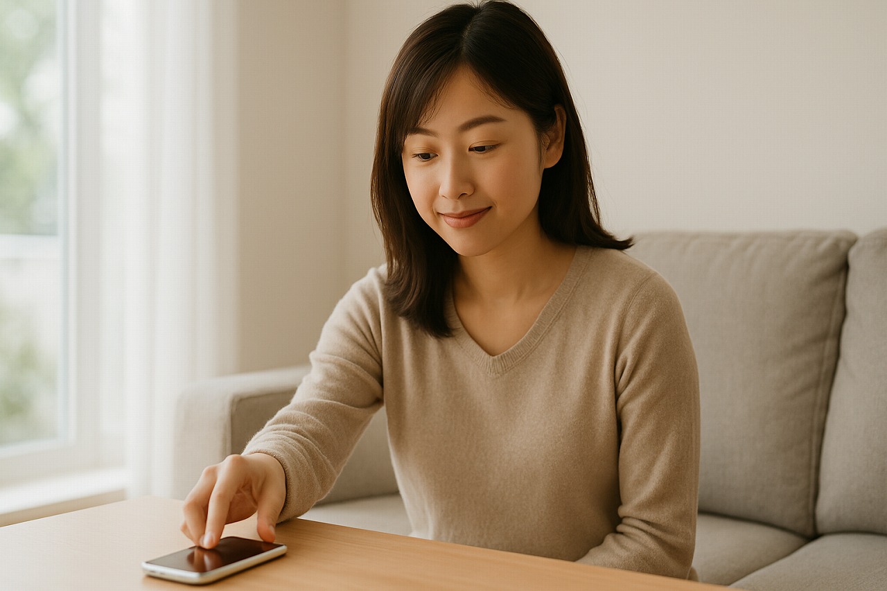 スマホを机に置き、外の光を見つめて静かに深呼吸する母親の姿。