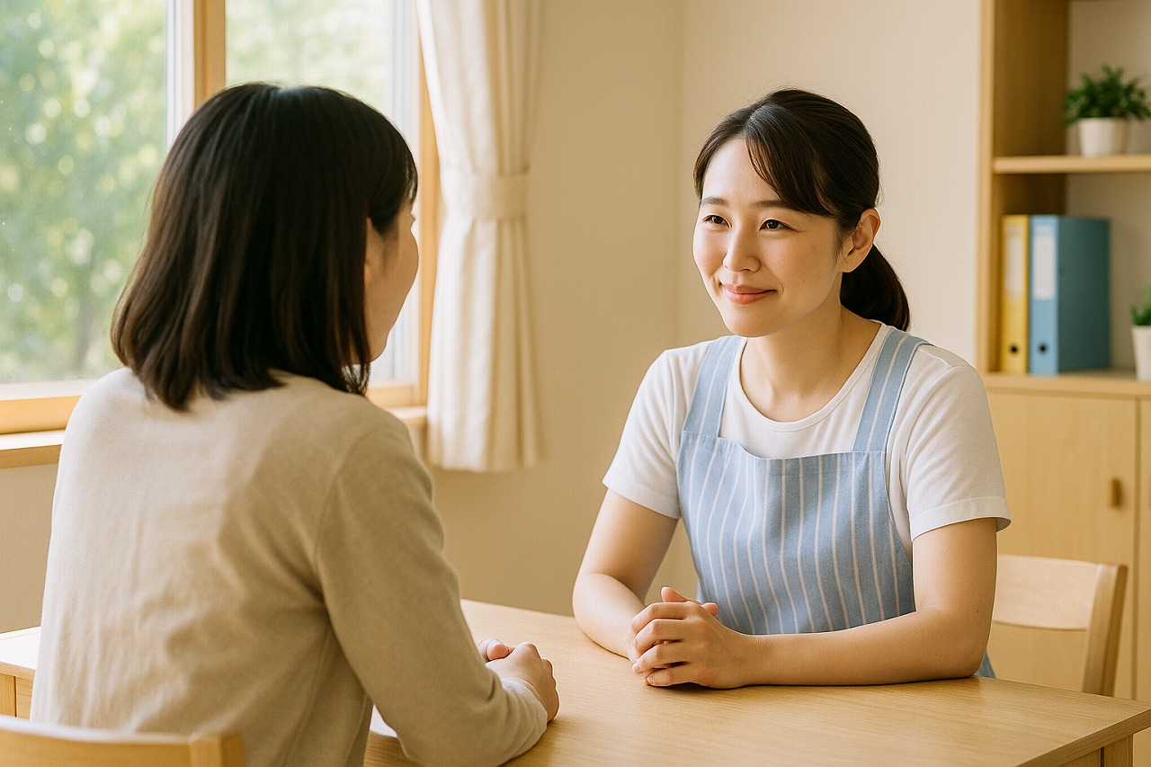 保育士と母親が話している支援室。窓から光、穏やかな空気。
