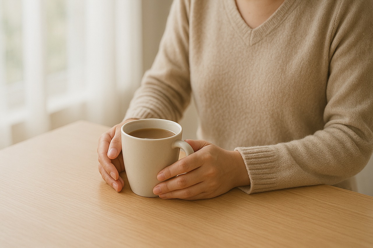 テーブルで温かいお茶を飲みながらほっと一息つく母親の手元。