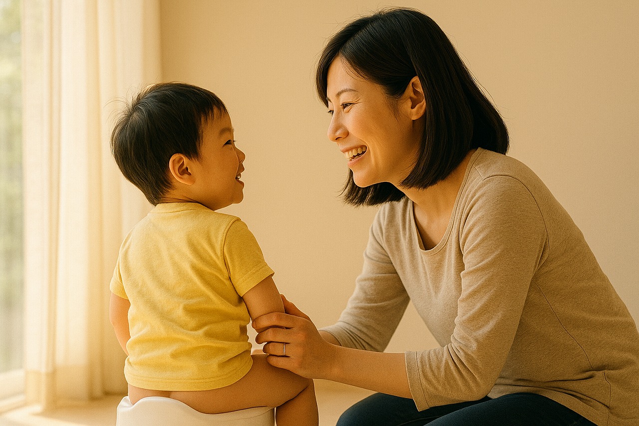 トイレトレーニングに挑戦する子どもと、それを見守る母親の後ろ姿。