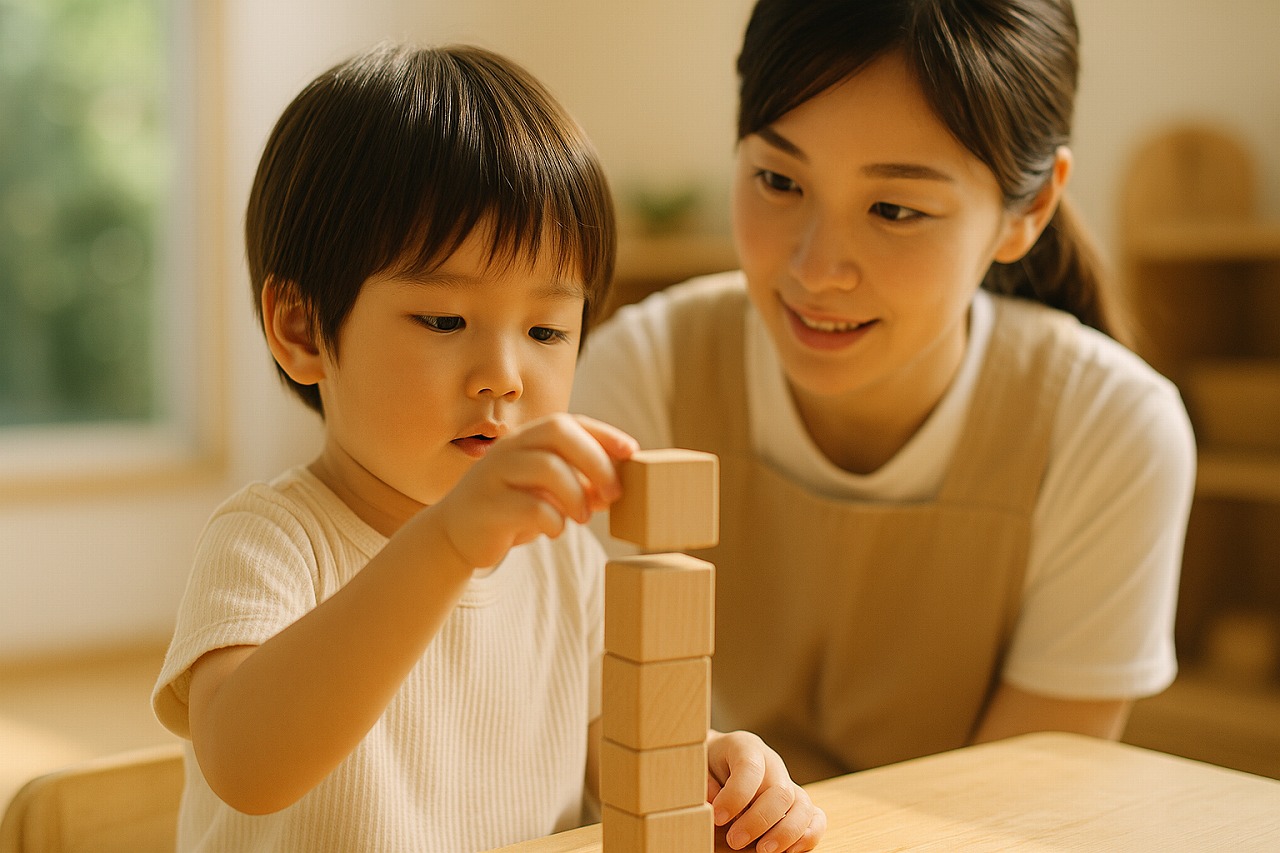 積み木を積む子どもと、それを優しく見守る保育士の姿。