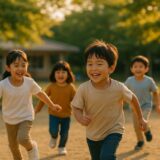 夕方の園庭で子どもたちが笑顔で遊ぶ様子。自然光に包まれ、穏やかな時間が流れる保育園の風景。