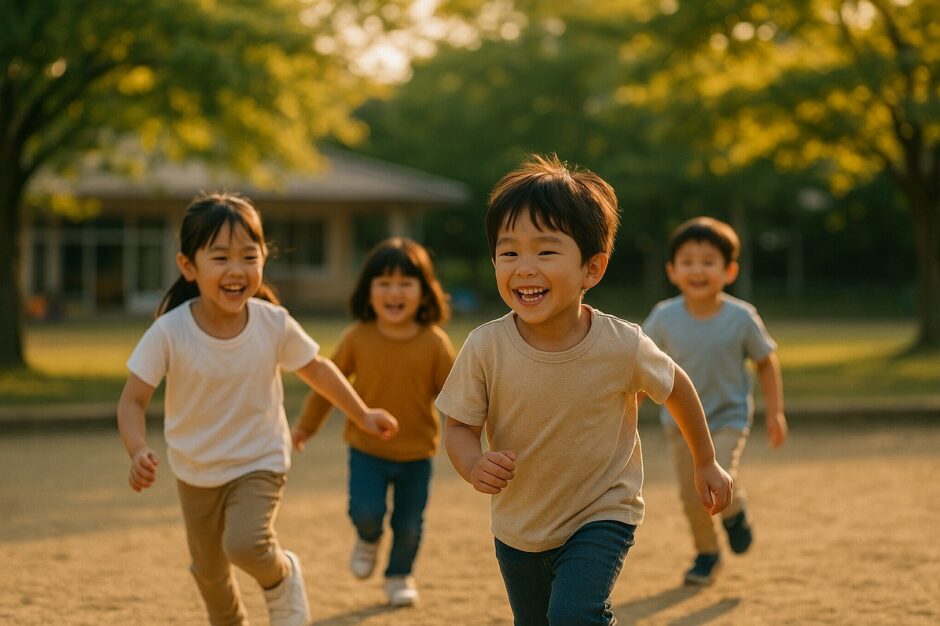 夕方の園庭で子どもたちが笑顔で遊ぶ様子。自然光に包まれ、穏やかな時間が流れる保育園の風景。