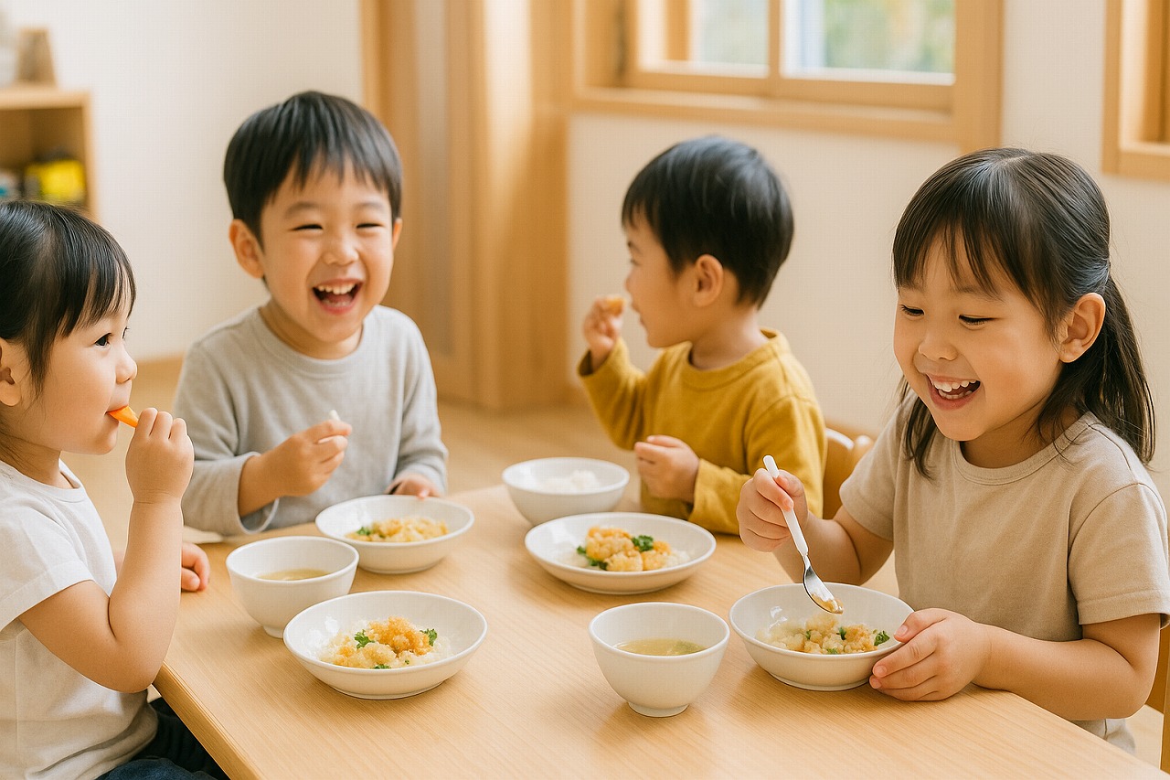 保育室で給食を食べる子どもたち。自然光が差し込む明るい室内での楽しい食事風景。
