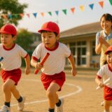 保育園の運動会でリレーを走る子どもたちと、それを見守る保育士の様子。秋の光があたたかく包む風景。
