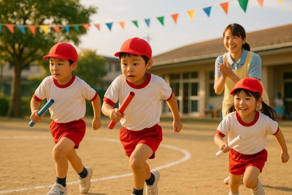保育園の運動会でリレーを走る子どもたちと、それを見守る保育士の様子。秋の光があたたかく包む風景。
