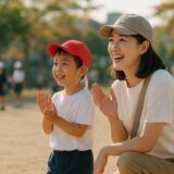 保育園の運動会で、ママと子どもが笑顔で応援する秋の日の光景