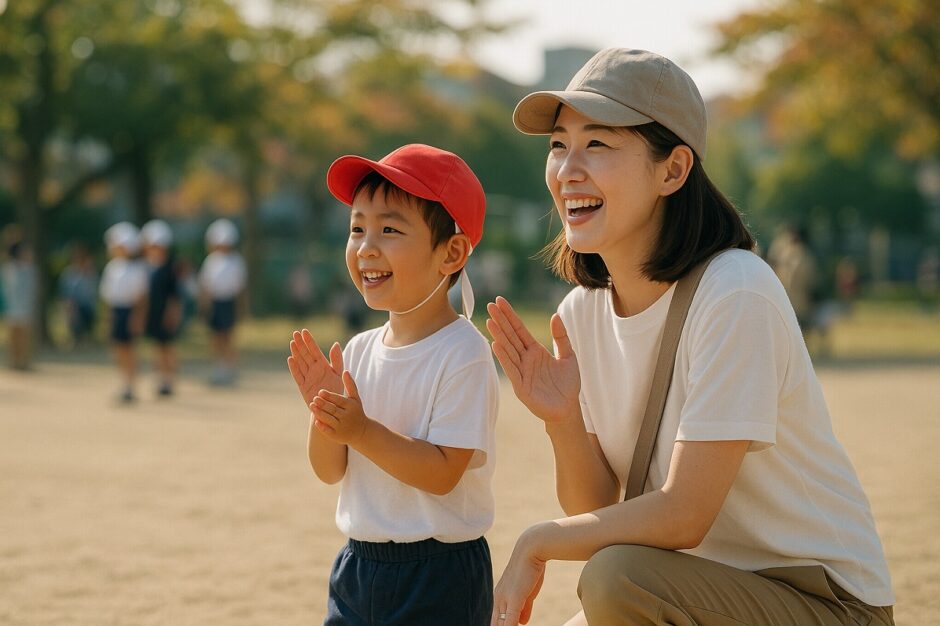 保育園の運動会で、ママと子どもが笑顔で応援する秋の日の光景