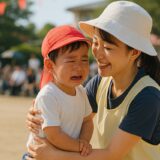保育園の運動会で、泣きそうな園児を保育士が優しく励ましている様子。穏やかな秋の陽ざしに包まれた自然な写真。