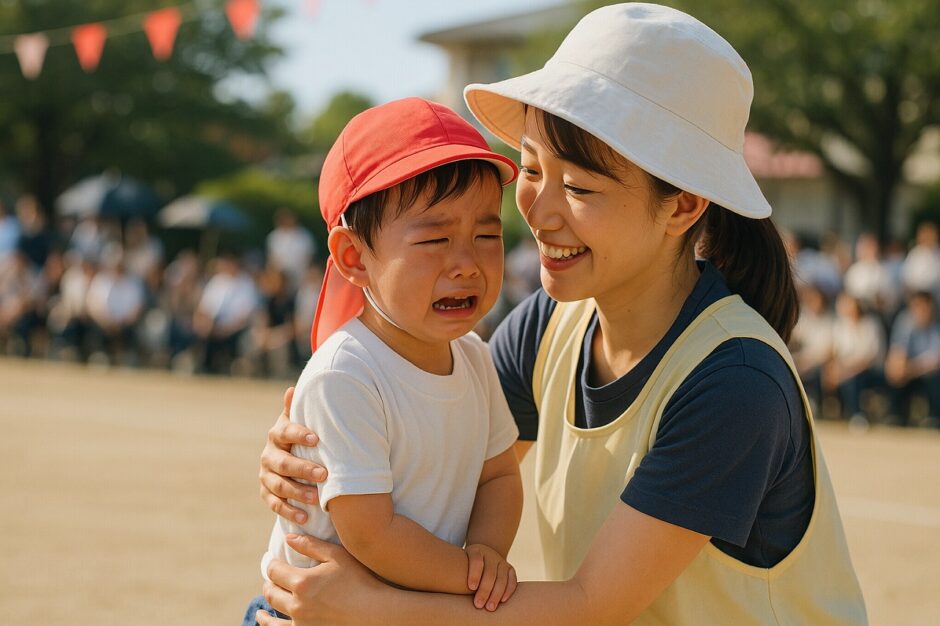 保育園の運動会で、泣きそうな園児を保育士が優しく励ましている様子。穏やかな秋の陽ざしに包まれた自然な写真。