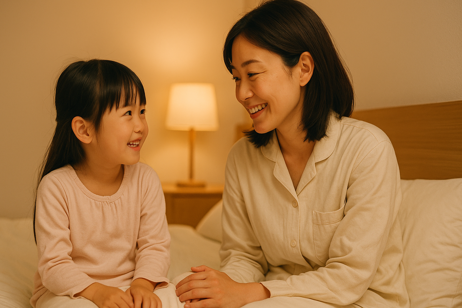 運動会前夜、パジャマ姿の母と娘が寝る前に微笑みながら会話している様子。温かい照明に包まれた安心感のある寝室。