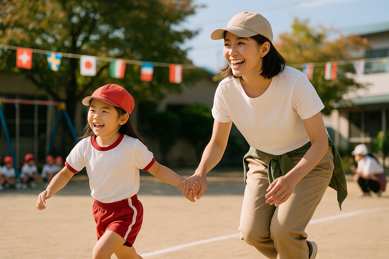 保育園の運動会で、親子が笑顔で競技に参加する秋の晴れた園庭の様子