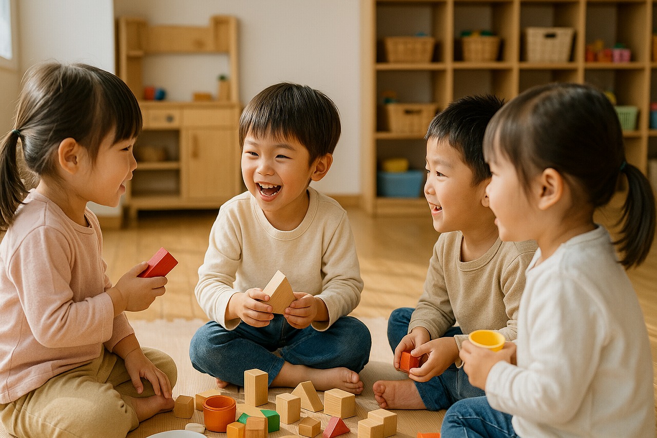 保育園の明るい室内で、3歳児の子どもたちが遊びながら会話を交わしている様子。友だち同士で声を掛け合い、積み木を見せたりしながら楽しんでいる場面。