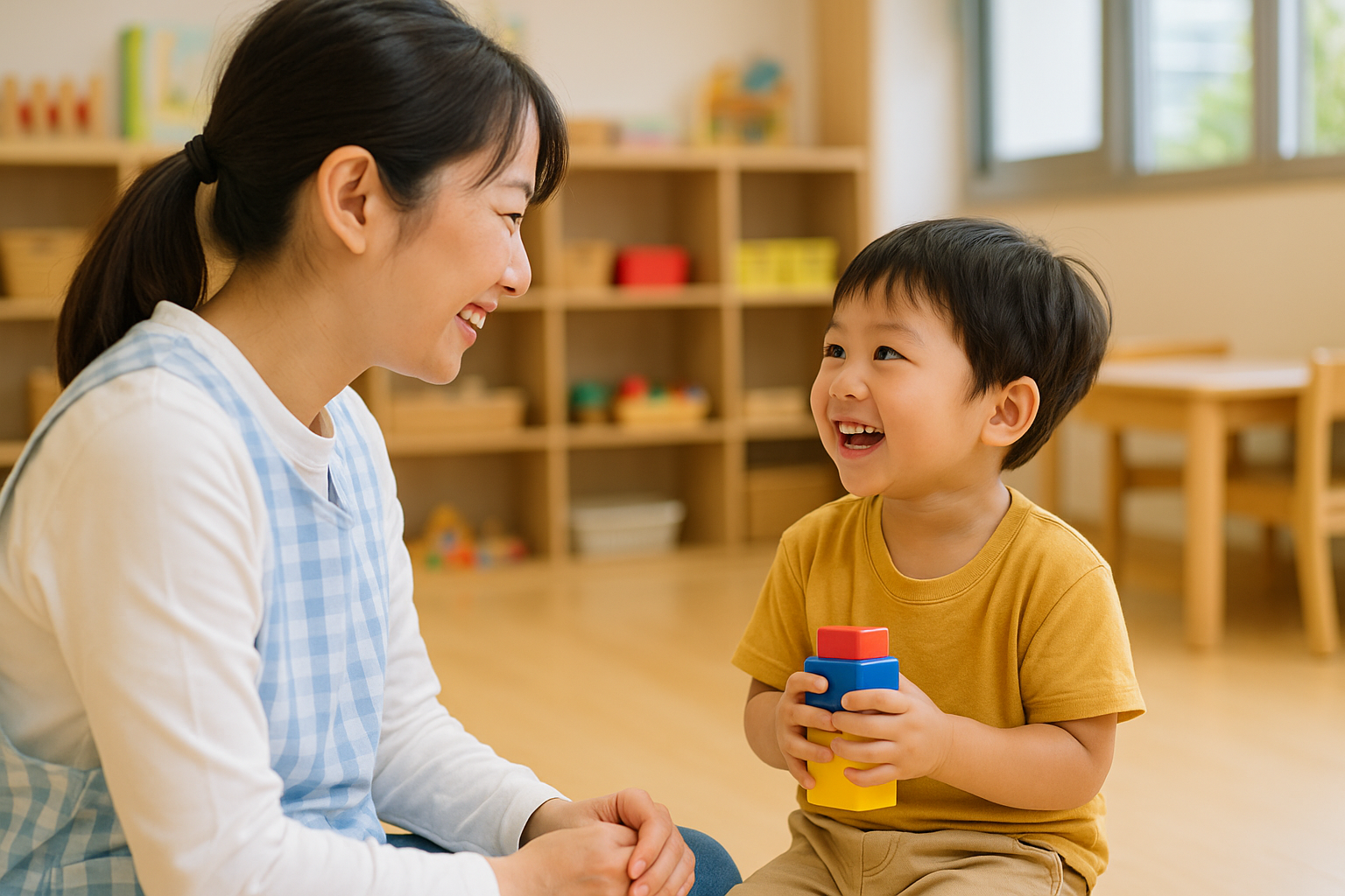保育室で3歳児が玩具を持ち、保育士に笑顔で話しかけている様子。