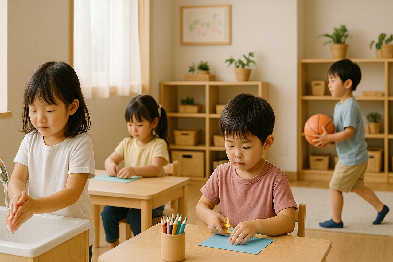 異年齢の子どもたちが手洗いや制作、遊びに挑戦している様子をやさしい光で撮影した写真。