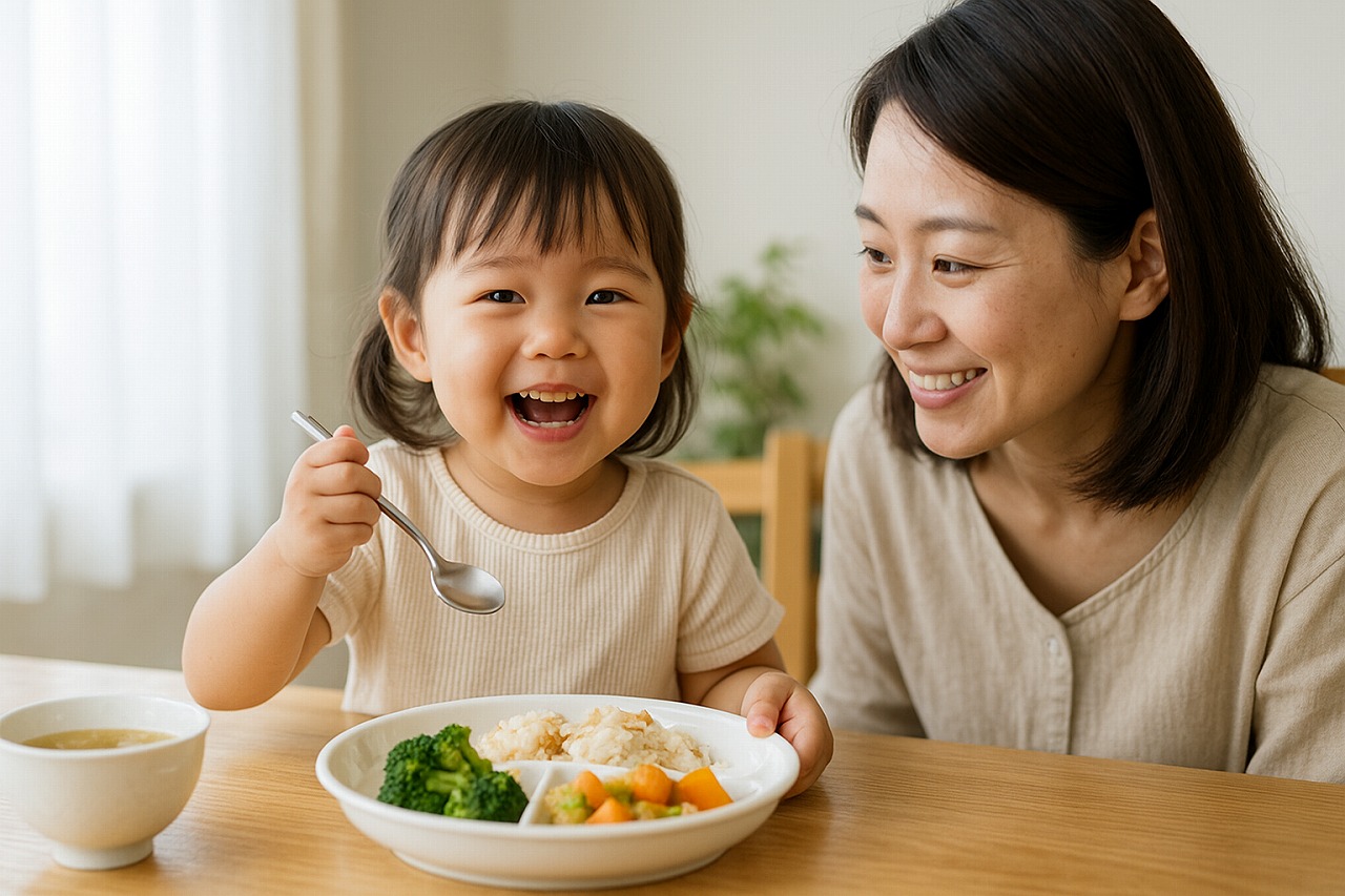 自然光の差す食卓で、幼児がスプーンを手に笑顔で食べている