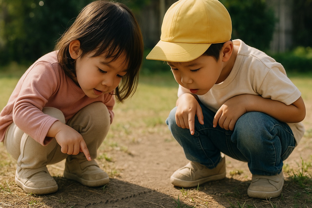 地面のアリを真剣に観察する子どもたち。虫との出会いに好奇心を膨らませている。
