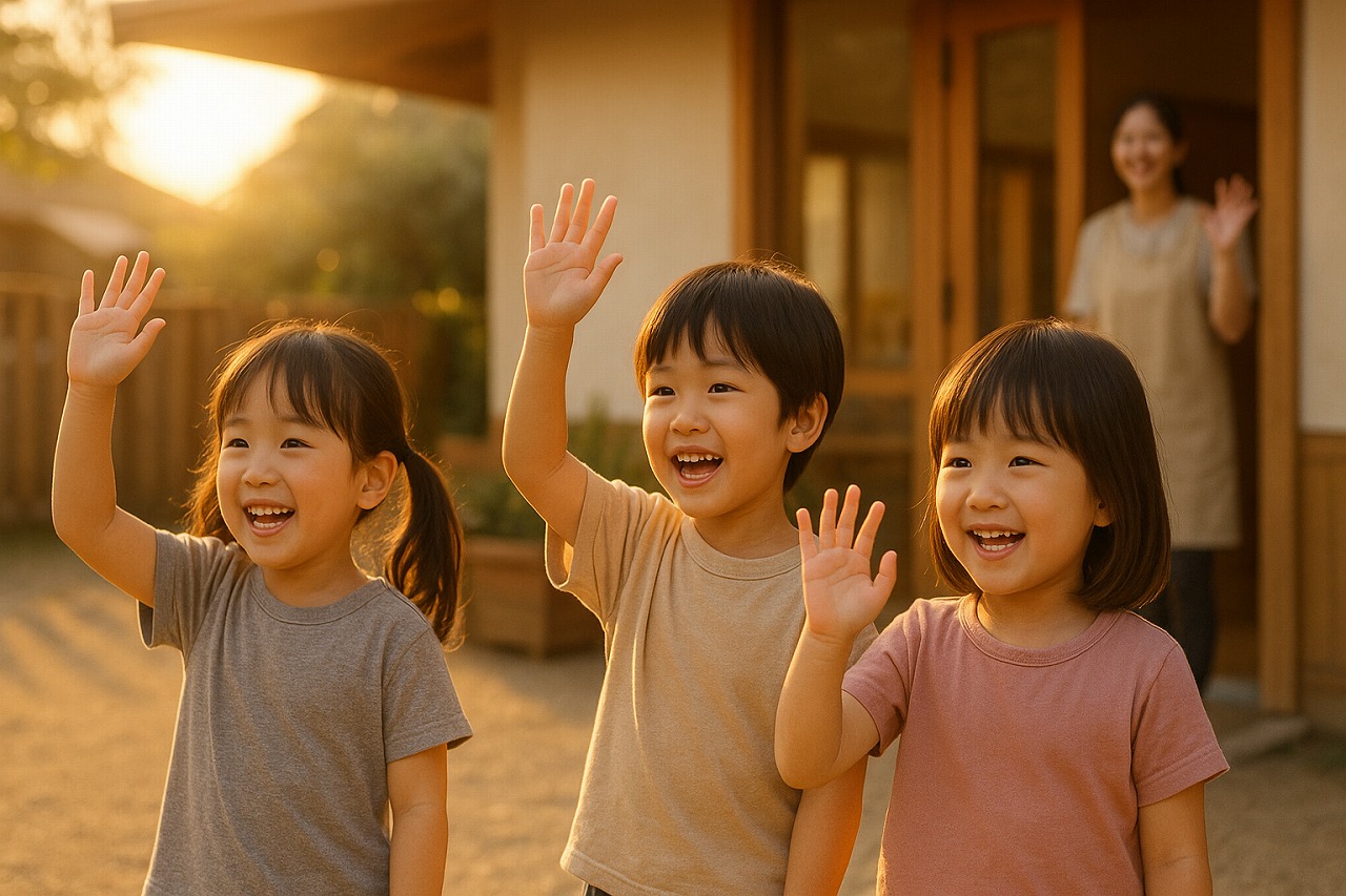 帰り際、子どもたちが「ありがとう」と手を振る光景。夕方の柔らかい光と温かい雰囲気。
