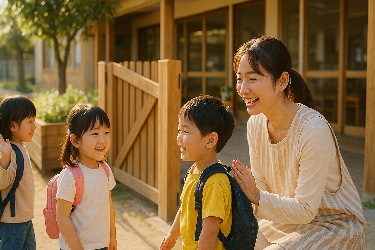 登園時に保育士へ「おはよう」と声をかける子どもたちの様子。朝の光が差し込む園庭でのあいさつシーン。