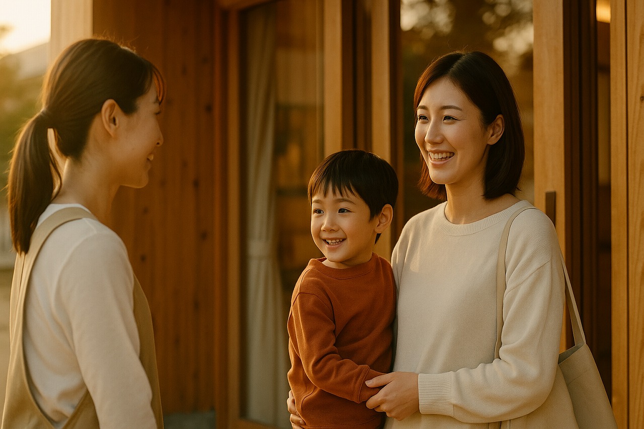 保育園の玄関で、保護者が保育士に「ありがとう」と伝える夕方のシーン。温かな光に包まれた雰囲気。