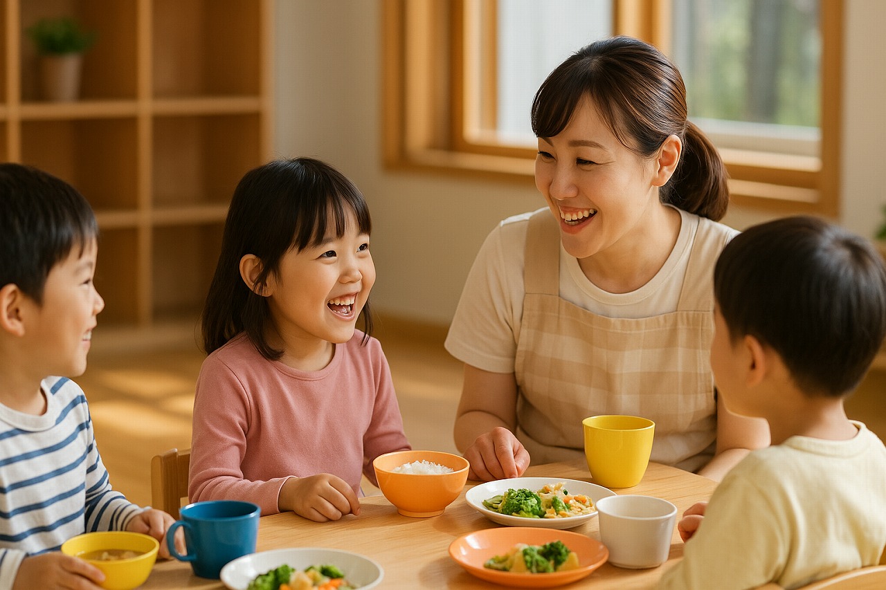 給食の後、「おいしかった、ありがとう」と調理員に伝える園児たちの笑顔。明るい昼の光の中。