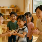 保育園の保育室で、笑顔でおもちゃを手渡しながら「ありがとう」と伝える子どもたち。自然光に包まれた温かい雰囲気。