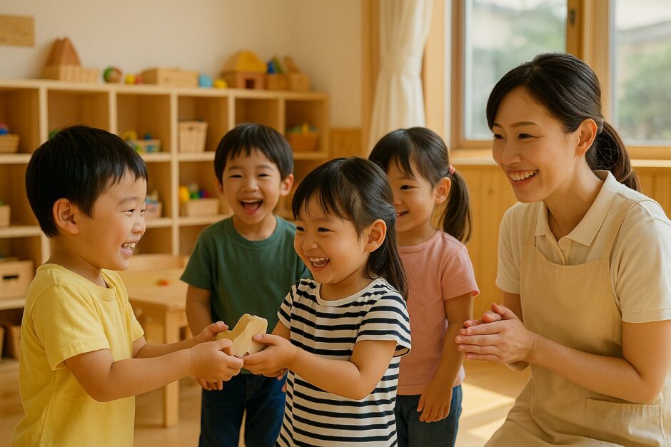 保育園の保育室で、笑顔でおもちゃを手渡しながら「ありがとう」と伝える子どもたち。自然光に包まれた温かい雰囲気。