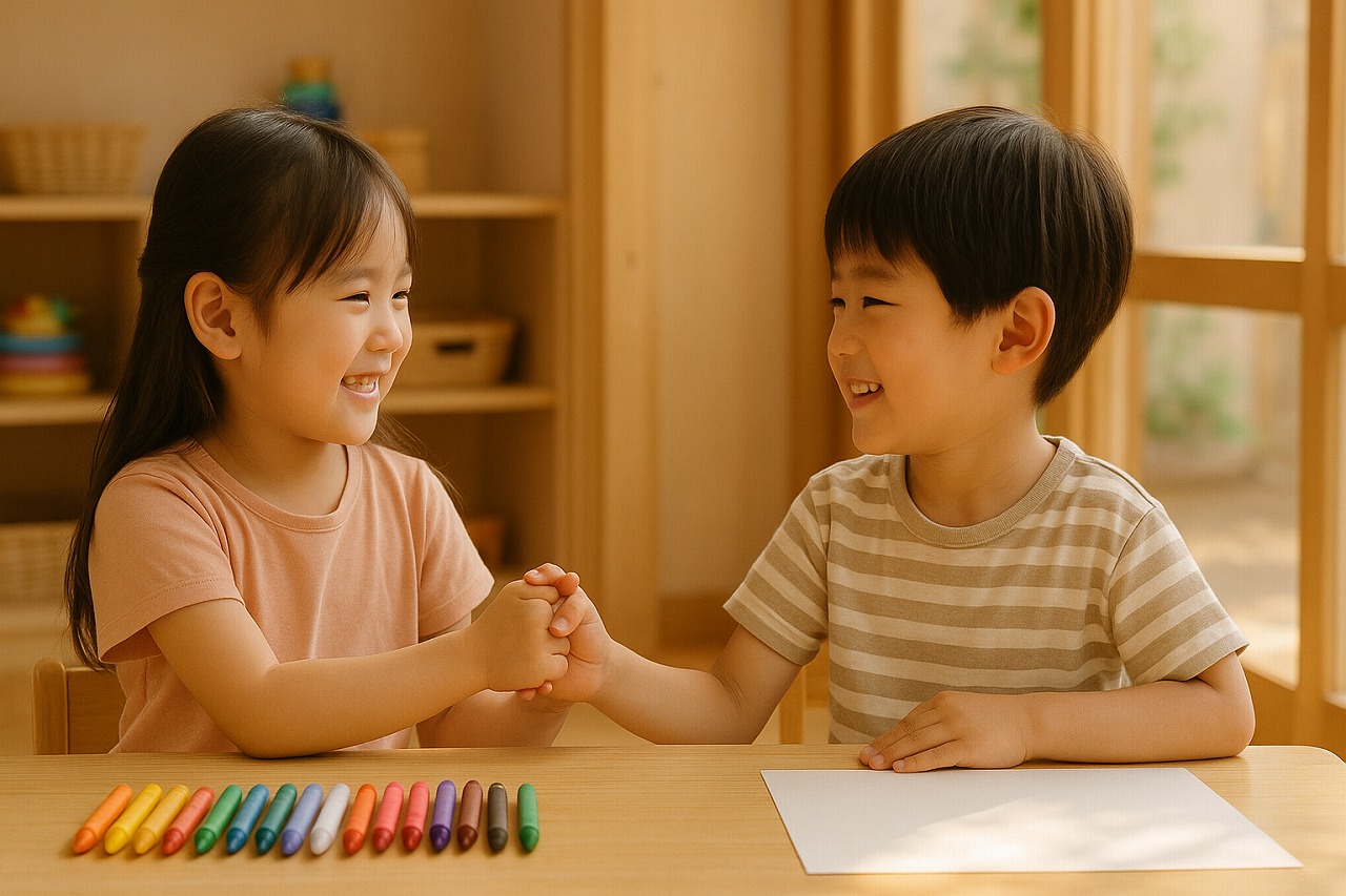クレヨンを前に、笑顔で仲直りする子どもたち。午後の光がやさしく差し込む保育室。