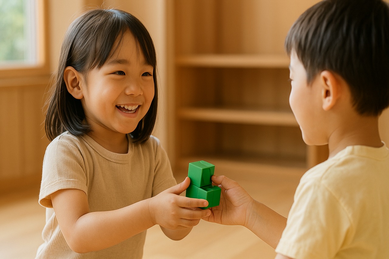 保育室でブロックを貸し合い笑顔を交わす園児たち。自然光の差す温かい室内。