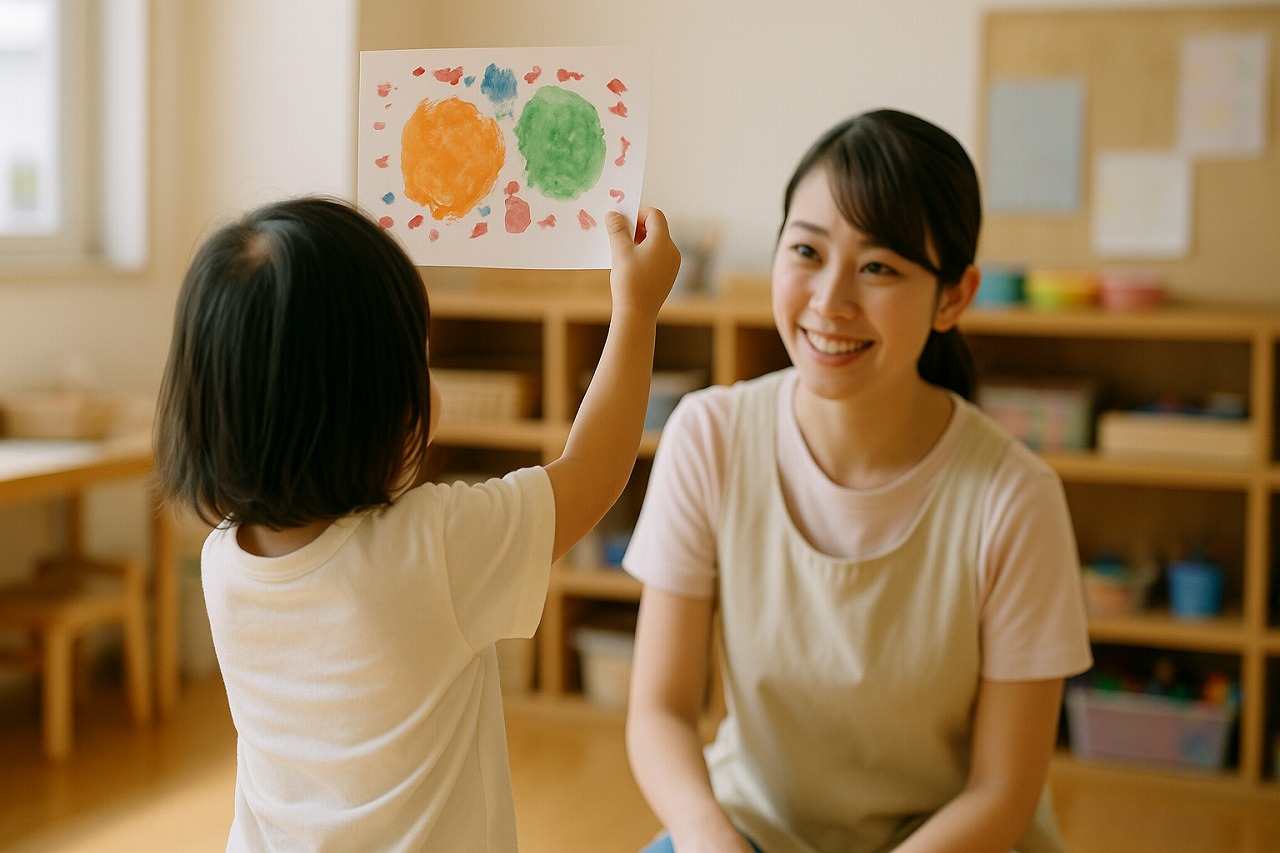 制作した作品を保育士に見せている子どもの後ろ姿を室内で撮影した写真。
