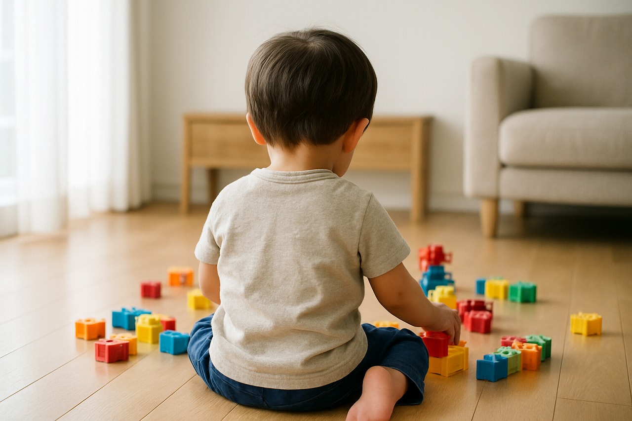 室内でブロック遊びに夢中になっている幼児の後ろ姿。自然光が入り、集中している様子が伝わる写真。