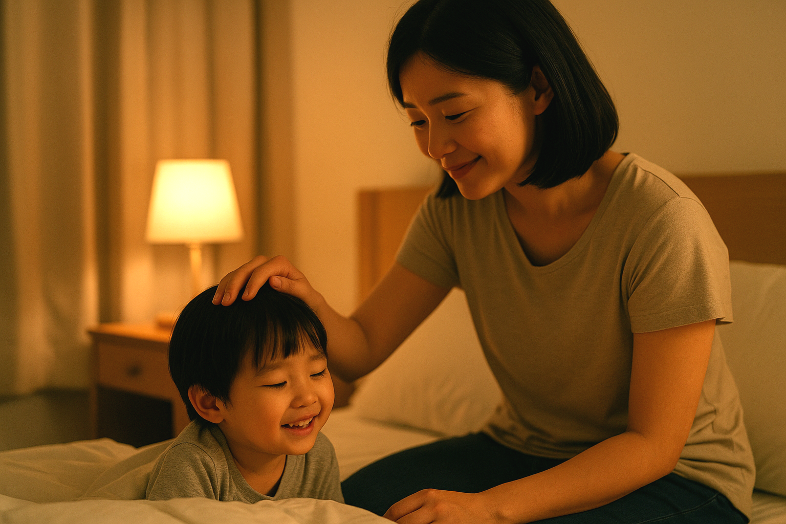 寝る前に保護者が幼児を優しく撫でている穏やかな親子時間の写真。