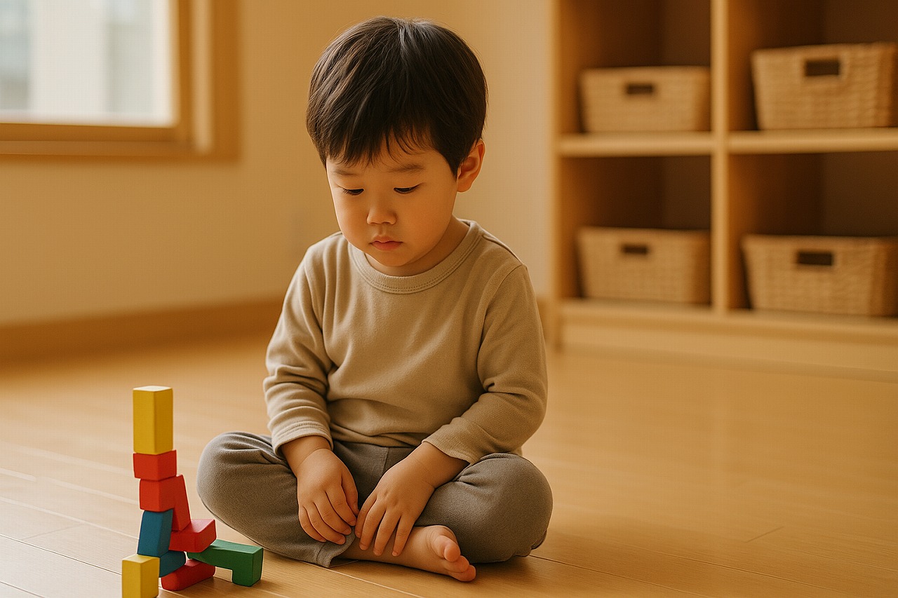 保育園の室内で、倒れたブロックの塔を見つめながら考え込む幼児の姿。静かに探究心が育つ様子を表すシーン。