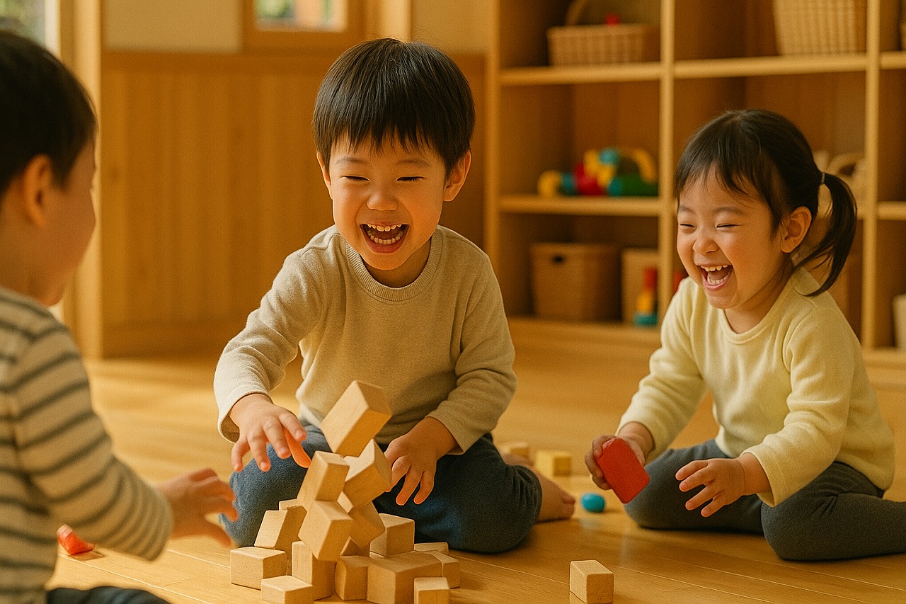 積み木遊びをしながら笑顔を見せる子どもたち。失敗を楽しむ無邪気な表情。