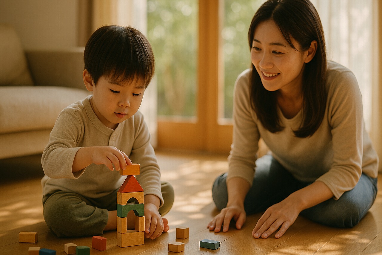 自分で積み木を組み立てる子どもと、それを見守る親。