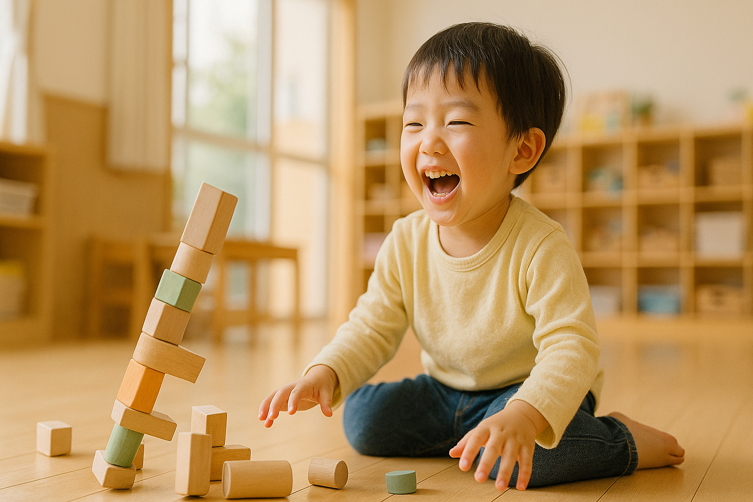 自然光の室内で、幼児が積み木を崩して笑顔で遊ぶ様子の写真。