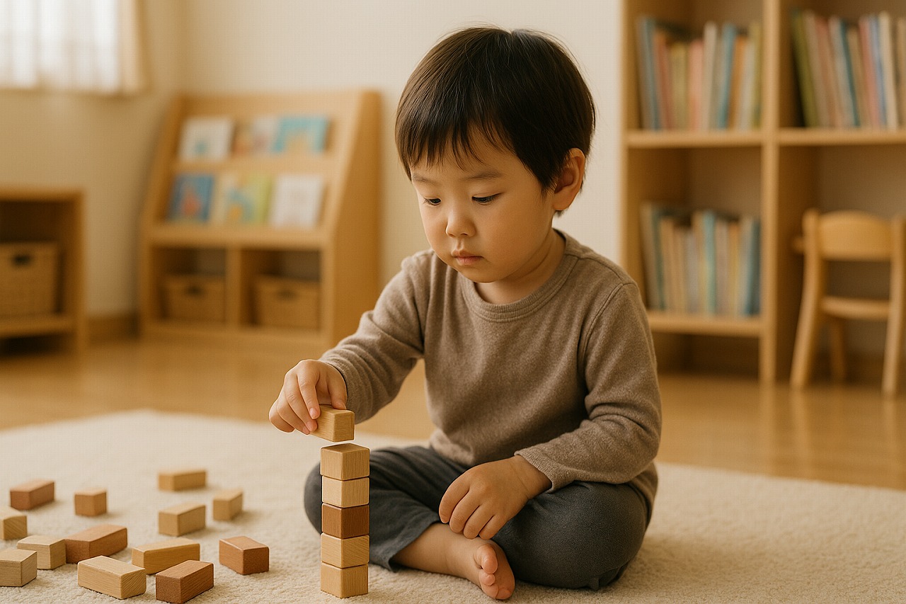 保育園の静かなスペースで、幼児が積み木遊びに集中している様子を写した写真。自然光が差し込む落ち着いた環境を表している。