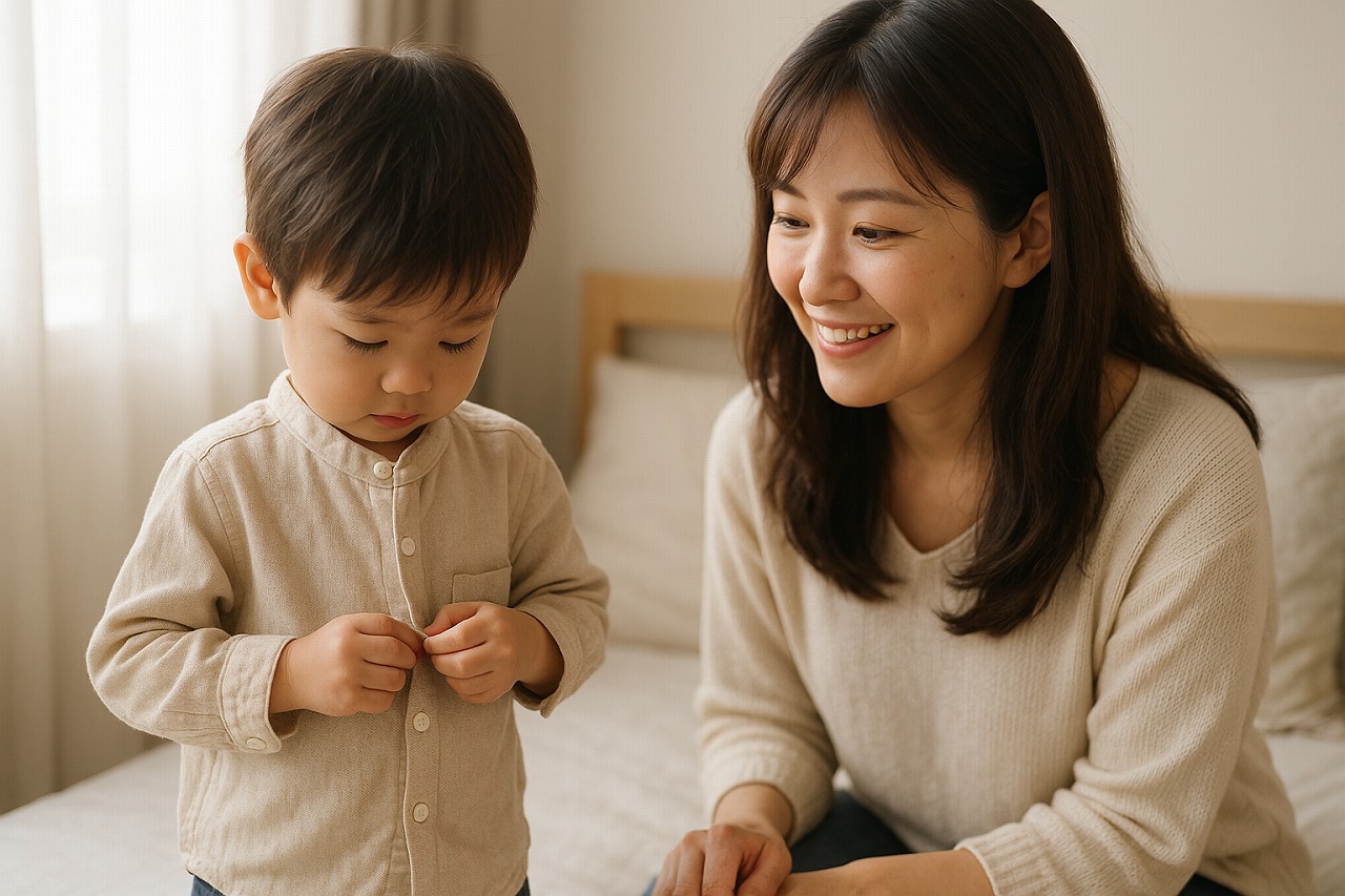子どもがボタンを留めようとし、母親が微笑んで見守る朝の光景。