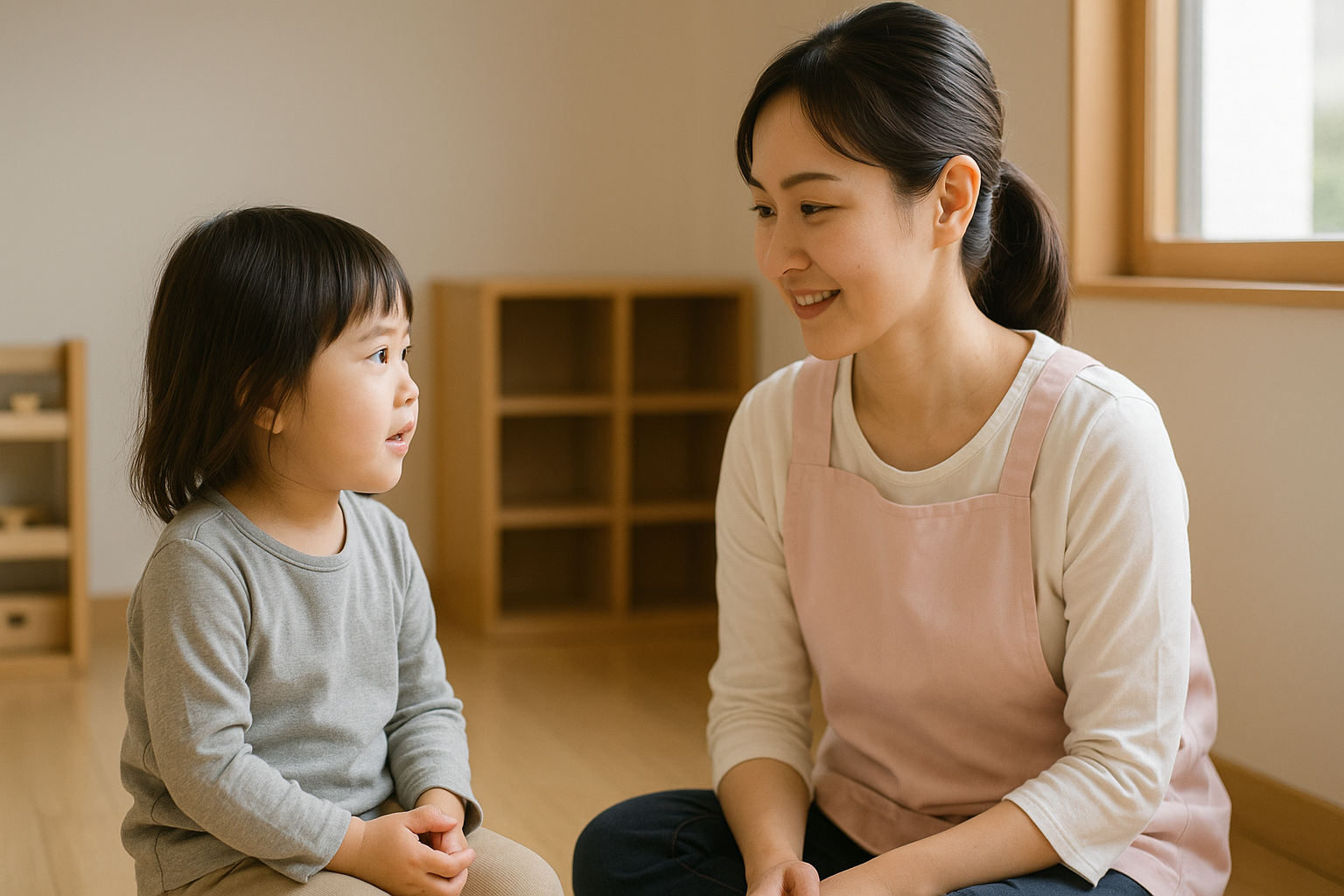 落ち着いた保育室の一角で、3歳児と保育士が静かに会話をしている様子。